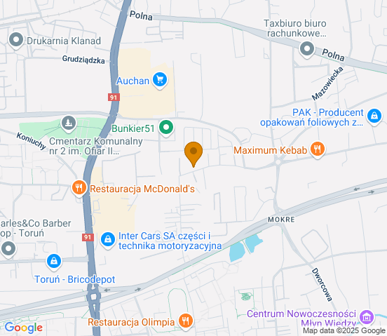 Mapa dojazdu do warsztatu samochodowego w miejscowości Toruń